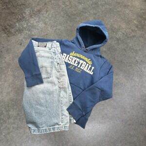 Vintage Abercrombie Basketball Hoodie Blue S Y2K Boxy Fit Pullover Sweatshirt